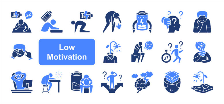 Low Motivation icon set with Weariness, Fatigue, Low energy, Demotivated, Uninspired, Procrastination, Sluggish simple vector.
