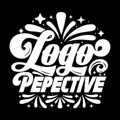 Logo Pepective white text on black background with stars and bursts