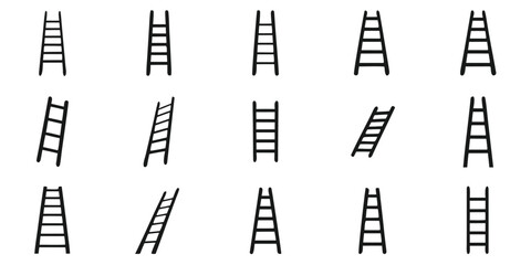 Various Straight And Leaning Ladders Illustration In Black Silhouette On White Background

