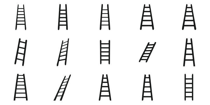 Various Straight And Leaning Ladders Illustration In Black Silhouette On White Background


