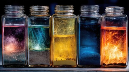Vibrant Glass Jars with Colorful Liquid and Light Trails Capturing Magic and Science in a Stunning Visual Composition