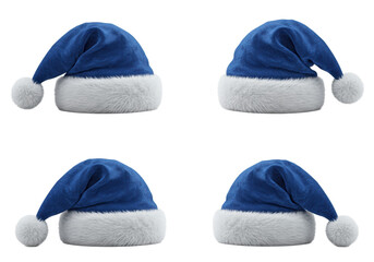 three highly detailed, sapphire blue velvet santa hats with white faux fur trim, arranged dynamically against a clean, white high-key studio background. luxury festive display concept
