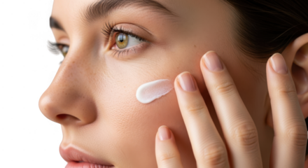 Closeup of a woman applying white cream to her face with her fingers, showcasing skincare routine and beauty treatment isolated on transparent background