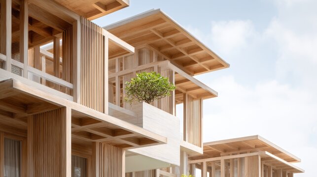 Light-colored wood mass timber villa with operable facades showcasing modern architecture and natural elements in a sunny outdoor setting