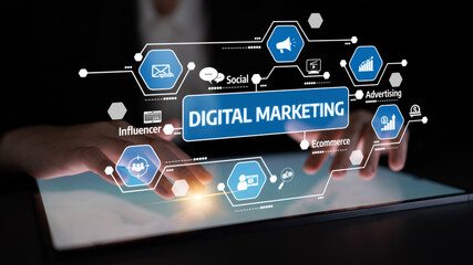 A close-up of hands interacting with a tablet displaying various digital marketing elements, showcasing the integration of social media, advertising, and e-commerce concepts. Tessel