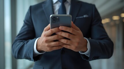 Close-up of a businessman in a suit using a smartphone, representing communication, technology, and modern corporate workflow.