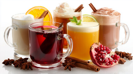 A warm collection of mugs filled with spiced beverages topped with whipped cream, surrounded by cinnamon, star anise, orange slices, and pomegranate for a festive, family friendly holiday scene.