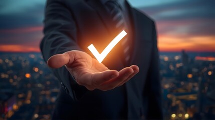 businessman presents a glowing checkmark in his hand, symbolizing approval, success, and confidence against a cityscape at sunset.