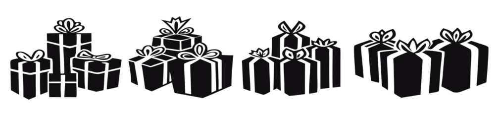 Group Of Monochrome Gift Boxes With Ribbon Bows On White Background


