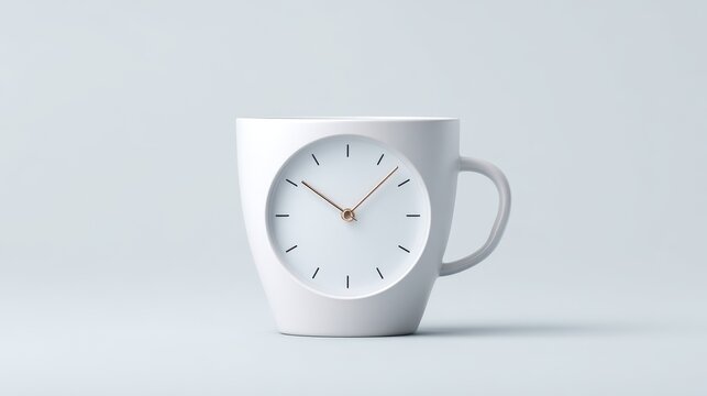 Minimalist 3D icon of a coffee mug with a clock face in trandy colour Cloud Dancer, positioned alone with generous negative space, ideal for modern design concepts