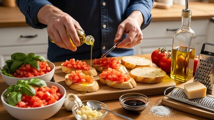 Person preparing fresh bruschetta with tomatoes and basil in a kitchen