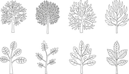 Eight Black Outline Trees and Branches with Leaves