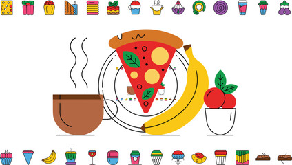 Flat design food and drink icons with pizza banana and coffee