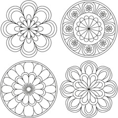Four black and white circular floral mandala designs