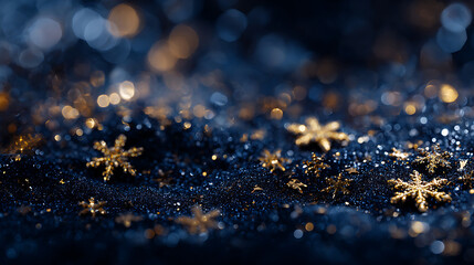 Shimmering gold snowflakes on dark navy background create festive atmosphere
