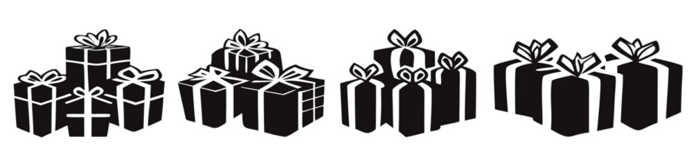 Group Of Monochrome Gift Boxes With Ribbon Bows On White Background

