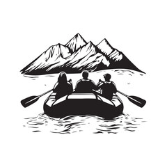 Vector illustration of people riding a rubber boat with a beautiful mountain background.