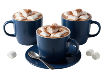 Three dark navy ceramic mugs filled with viscous hot chocolate, topped with golden mini marshmallows and steam, macro close-up on a white studio background, concept of cozy winter indulgence
