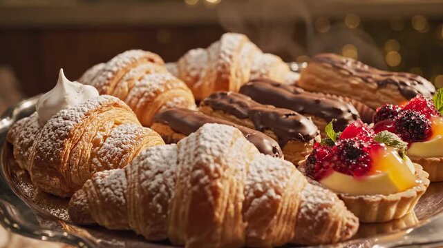 Warm, Steaming Gourmet Pastries Platter: Fresh Croissants, Chocolate Eclairs, and Berry Tarts