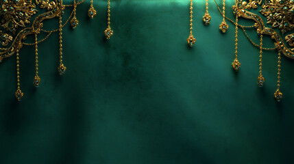 Emerald green velvet background with gold ornaments hanging elegantly, creating luxurious atmosphere