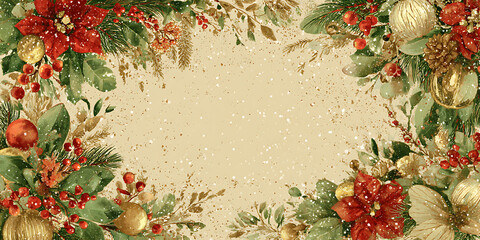 Festive Christmas design with intricate decorations and ornaments, featuring vibrant flowers and greenery