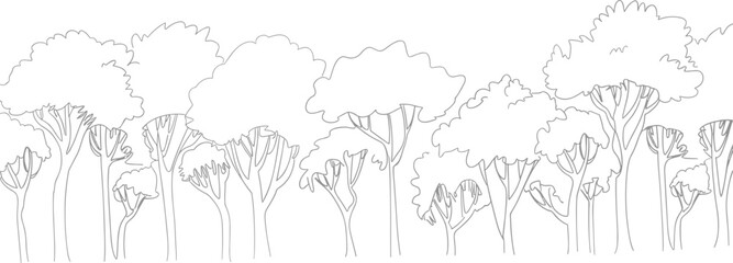 Line drawing of diverse trees in a forest landscape