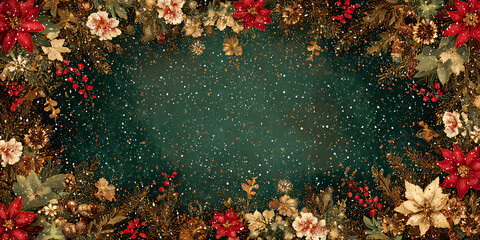 Festive Christmas design with intricate decorations and ornaments, featuring red flowers, gold accents, and snowy background