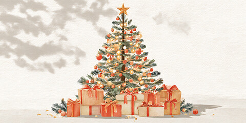 beautifully decorated Christmas tree with gifts, lights, and ornaments creates festive atmosphere