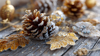 Frosted pinecones and golden leaves create festive Christmas scene on wooden table