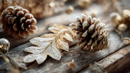 Golden pinecones and frosted leaves on wooden table create festive atmosphere
