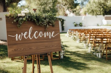 Rustic Outdoor Wedding Welcome Sign Setup
