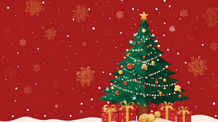 festive Christmas tree adorned with colorful ornaments and gifts, set against red background with snowflakes