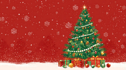 festive illustration of green Christmas tree adorned with ornaments and surrounded by colorful presents, set against red snowy