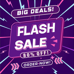 Flash Sale  Big Deals Banner. Retro purple comic style background with lightning bolts and speed lines. Vector marketing illustration.