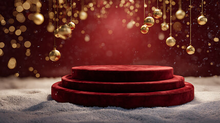 Luxurious Christmas display stage with red velvet and golden ornaments
