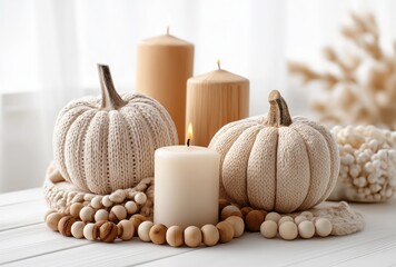 Bright cozy autumn decor with knitted pumpkins and candles
