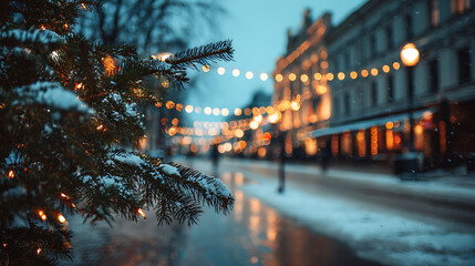 Naklejka premium snowy street adorned with Christmas tree, glowing lights, and festive ambiance