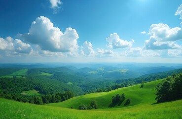 Obraz premium Expansive green hills under a bright blue sky filled with fluffy white clouds. Rolling terrain stretches to the horizon with distant mountains and patches of forest.