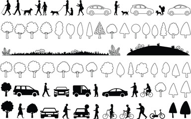 Silhouette people dogs cars trees and grass woman child