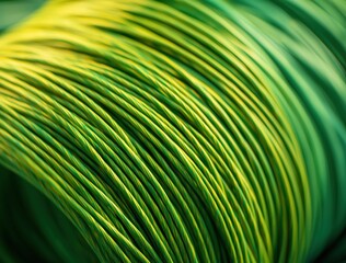 Macro detail of green and yellow cable coil
