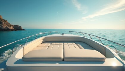 Bow of motor yacht cruises on calm blue sea ocean. Passengers enjoy sun deck, comfortable seating. Island cliff visible near coast. Clear sky.
