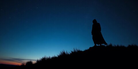 Fototapeta premium Mysterious figure in silhouette beneath a starry sky, evoking folklore and tales, silhouette, spirit