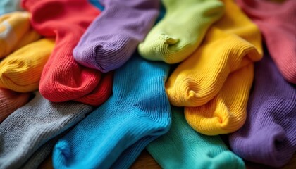 Pile of assorted colorful socks in various sizes and shades. This bright heap of clean laundry creates a playful, abstract texture. Fun, vibrant fabric details.