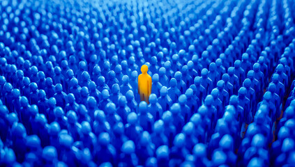Yellow figure standing out among blue figures in a crowd