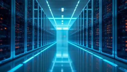 Futuristic data center corridor with glowing blue lights and servers