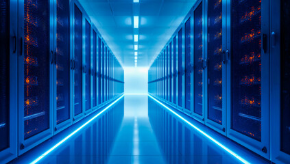 Modern data center corridor with blue neon lighting and server racks