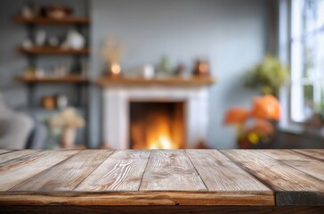 Wooden table with autumn cozy home background
