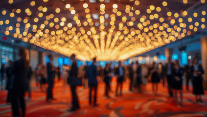 Blurred people at a conference with glowing lights above