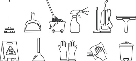 Obraz premium A comprehensive collection of line art vector icons representing essential cleaning tools and supplies.