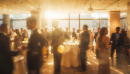 Blurred wedding reception with guests socializing